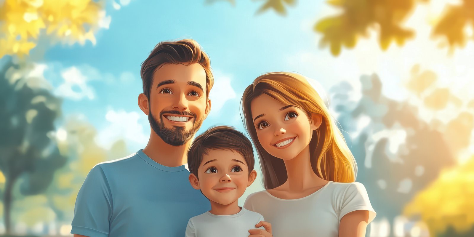 Family enjoying a sunny day together in a park with bright trees and a cheerful atmosphere